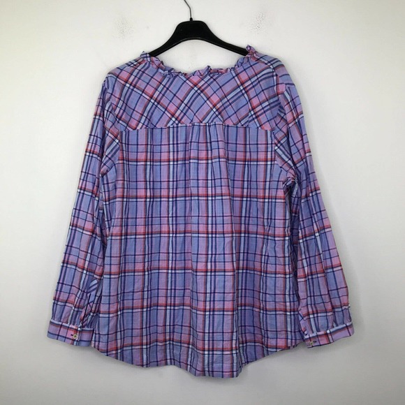 Talbots Women's 2X Shirt Purple Plaid Long Sleeve Ruffle Notch Neck Cotton CV4 - Picture 5 of 5